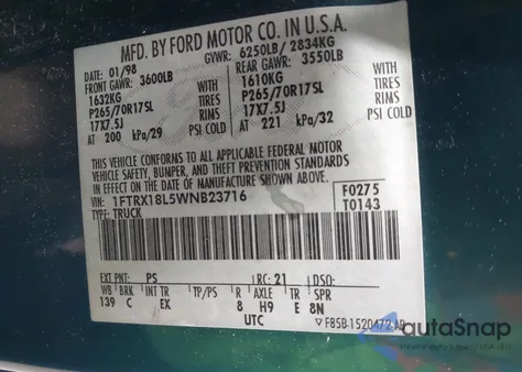 1998 Ford F-150 Lariat/Standard/Xl/Xlt из США, поврежденный, VIN 1FTRX18L5WNB23716